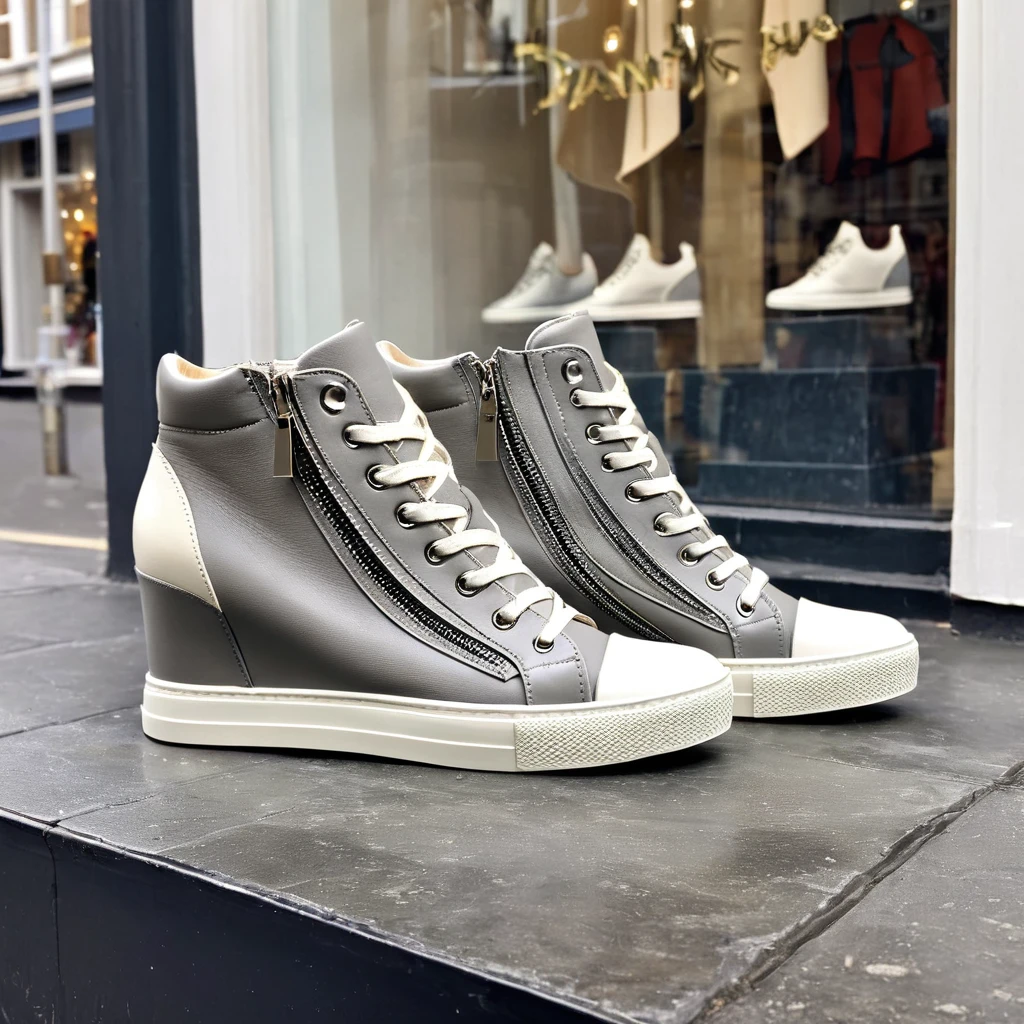 a shop window display, featuring pairs of women dancer's trainers. custom high top trainers. dainty pointed toe. reinforced very high top. grey and cream colour. chunky heel. zip fastening, front zip.