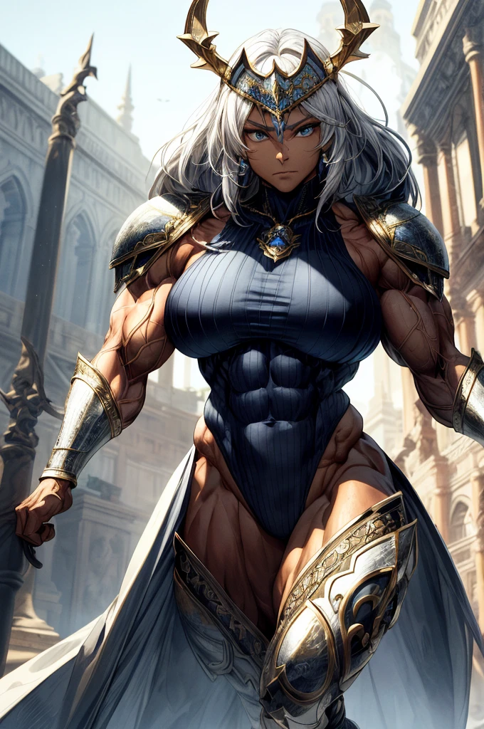 
(Best lighting) , (Very intricate details) , 4K Integration, (Super fine CG: 1.2) , (8K: 1.2),(original), (masterpiece) , (Highest quality),(masterpiece:1.4),((Full  images))、Anime-ish high quality,(masterpiece),masterpiece, Highest quality, Absurd,((Masterpiece, 4K, 8K, High resolution)),(masterpiece), (Highest quality), (Super detailed), (Very delicate and beautiful), ((Cowboy Shot)), 1 female,
((Female Bodybuilder:1.5)),A woman with a muscular chest like a male bodybuilder, Temple Background,((Beautiful woman)),((Woman warrior)),(((Full body image:1))),from frontknight girl,Brave and resolute attitude,((Metal armor)),(Plate Mail),((Metal armor shaped like pectoral and abdominal muscles)), Heavy armor, Metal Reflection,Castle Background,wear black tights、The Great Hall of the Royal Palace,Soft sunlight,Fluttering Cloak、Brave pose,Strength and elegance,Solemn atmosphere,Powerful aura,((The Queen's Appearance))、Determined jawline,((The Strongest Queen of Mankind))、Huge muscular physique,Protruding veins、Raised trapezius muscle、very thick neck、Strong arms with bulging biceps、A muscular chest、Six-pack、((Thick, muscular legs))、Overflowing with incredible strength、Muscles bulging out from under the force of force all over the body、Graceful Movement,A commanding presence,Poses that show off their monstrous power,Dynamic configuration,Vibrant colors,Perfect balance,Light and shadow contrast,Down to the smallest thread,Sharpen highlights and shadows,Impressive level textures,Sharp focus,Rich and realistic backgrounds,Magnificence and grandeur,Heroine of the Kingdom,Legendary Warrior,Inspiring and majestic,Dignified and fierce,Guardian of the kingdom,Unstoppable courage,Divine Destiny,Indomitable spirit,Unforgettable beauty,Unwavering Strength, Braided upstyle hair



