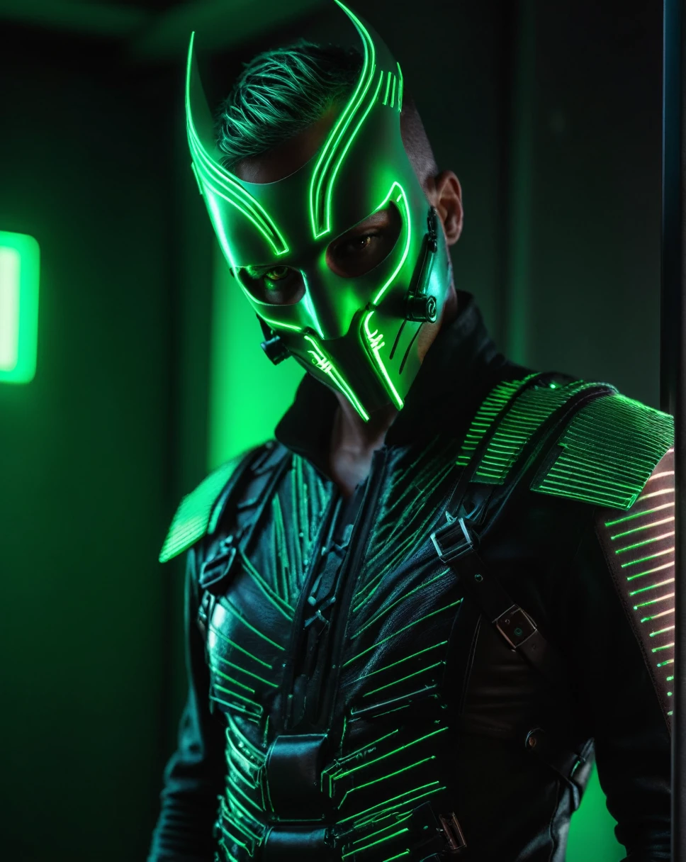 whole body (portraite:0.7) Photograph of (masked man:1.1) (neon green mascara details:1.2) (armored:0.7) , (dressed:1.1), (detailded:1.1), (marvel type:1.1), (nevoa verde neon:1.1), (cabelo black:1.1), cinematic lighting, perfect composition, chic, no crop, 4K, sharp focus, work of art, contra-luz, cinematic, cyber punk, photorrealistic, Blade runner, Action, moody lighting