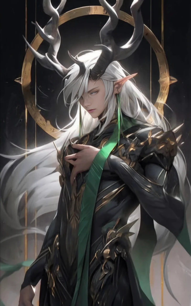 humanoid woman, height two meters and fifteen, gray skin color, long bronze hair color, two large ivory horns, black eye sclera, amber iris color, rust bronze hair color 