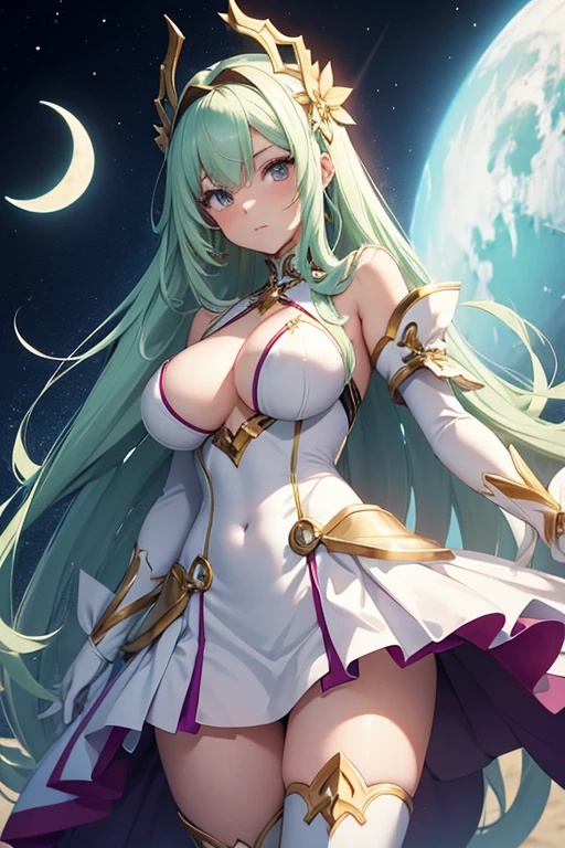 (girl1), (anime), white, with long green hair, an 18 year old woman, with white stockings, and a y dress, wearing a herostume consisting of a white sleeveless swimsuit with purple details and a yellow crescent moon in the chest. She also wears purple thigh-high boots, white gloves with spikes and metal plates on her waist and feet, see, her breast siey are size AA+