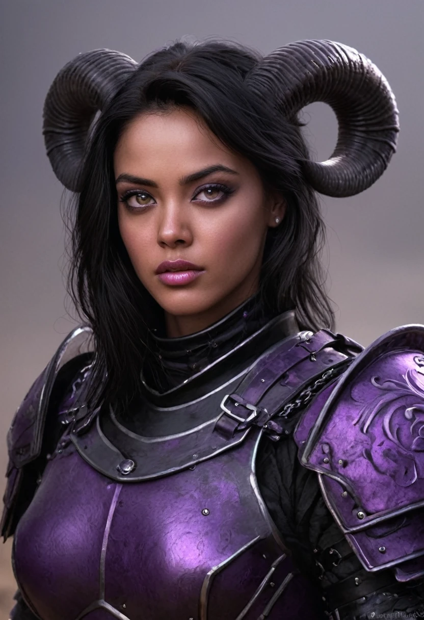 a portrait of a beautiful human woman in her early 20s with bright violet eyes, BRIGHT VIOLET EYES, long black ram horns, wolf cut black hair, tan skin, angular features, bright violet eyes, wearing fine medieval black armor without a helmet, character portrait by senior character artist, Artstation, fantasy art, stunning character art, fantasy concept art portrait, bright violet eyes, epic exquisite character art, character portrait art, fantasy character portrait, fantasy female portrait, bright violet eyes, character concept art portrait, character art portrait, beautiful woman, (muted natural colors: 1.3), 1 critical role, human ears, muscular, bright yellow eyes, wearing fine medieval black armor without a helmet, evil female sorcerer, make the irises of the eyes bright violet in color