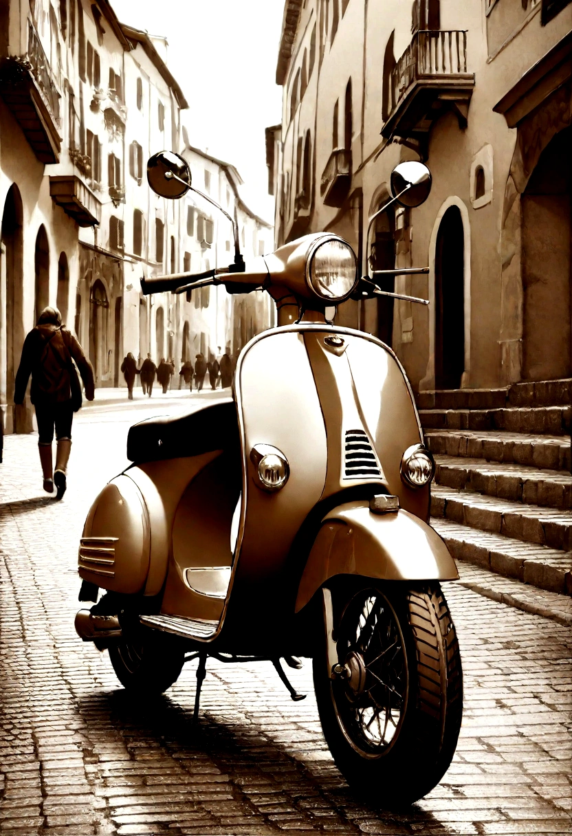 Italian Vespa scooter, elegantly parked on cobblestone street, Sepia Photo, ((realistic, masterpiece, Best Quality, 8K, high resolution:1.3)), photorealistic, (illustration:0.7), extremely fine, extremely detailed CG, Beautiful Vespa details, Old town in Italy, Nostalgic Scene, Detailed Background, People passing by,