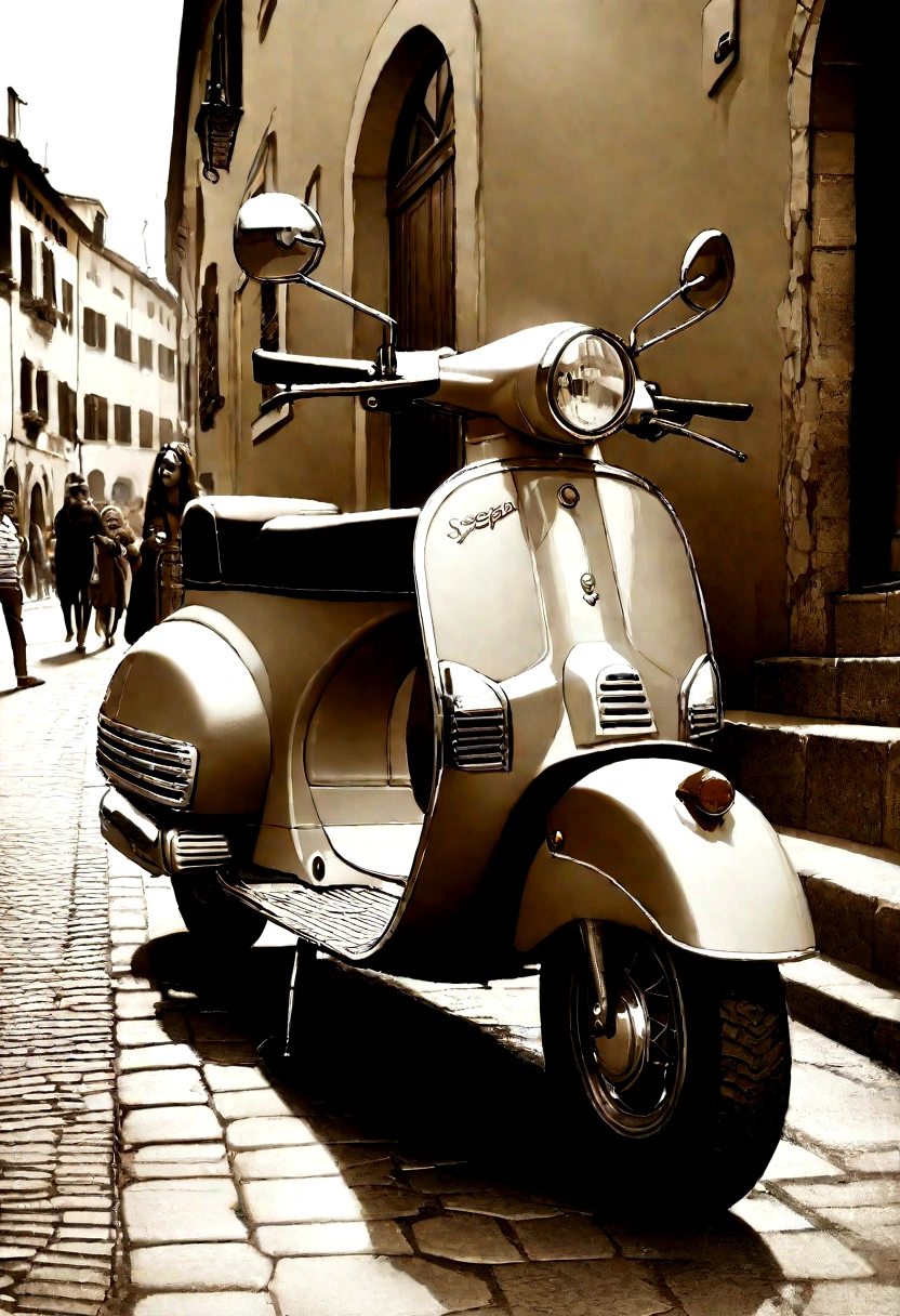 Italian Vespa scooter, elegantly parked on cobblestone street, Sepia Photo, ((realistic, masterpiece, Best Quality, 8K, high resolution:1.3)), photorealistic, (illustration:0.7), extremely fine, extremely detailed CG, Beautiful Vespa details, Old town in Italy, Nostalgic Scene, Detailed Background, People passing by,