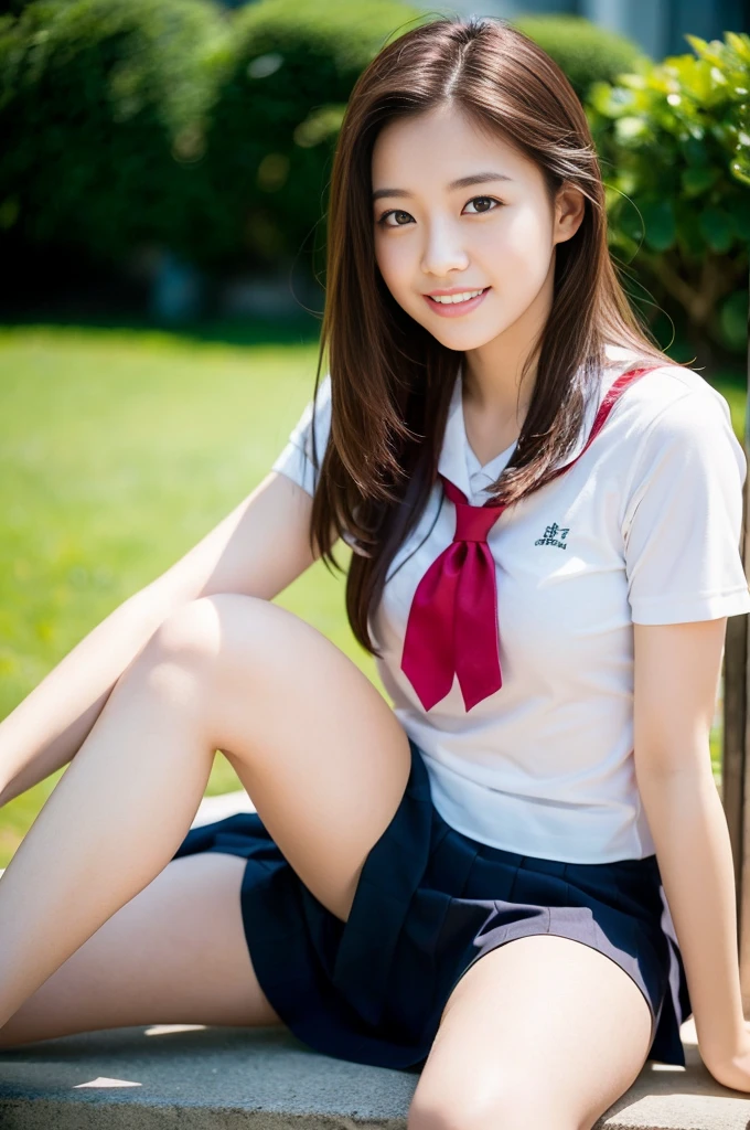 Pure Japanese school girl, no makeup, thick eyebrows, wearing uniforms, natural hair styles, pure smile, natural body, shiny white skin, refreshing in early summer morning sunlight, feeling soft breeze in hair, sitting and relaxing, little bit sexy mood, sexual attractive, professional portrait photography, film photography, 35mm negative film,