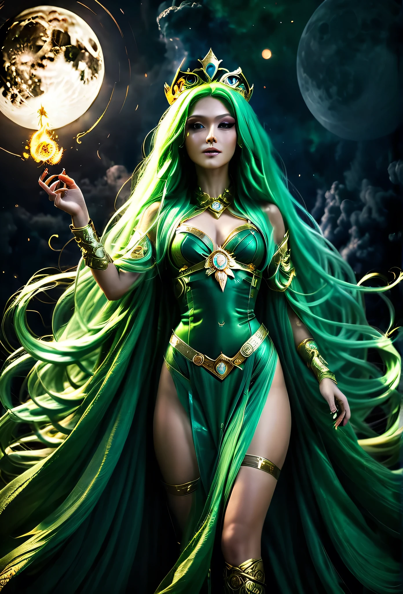 a tall lady goddess in perfect body, perfect face, perfect body, third eye in front-head, royal regalia-cloak, very long-green-neon hair, blowing hair, medusa head, one hand pointing the sky,high pose, tall legs,  high heels, chakra-golden rays surrounded, mystical aura, ethereal, wind element, death massive-flames in background, dark moon, unreal engine, cinema art photographic, cinematic motion picture, 8k, super detailed, bottom view, bottom camera angle