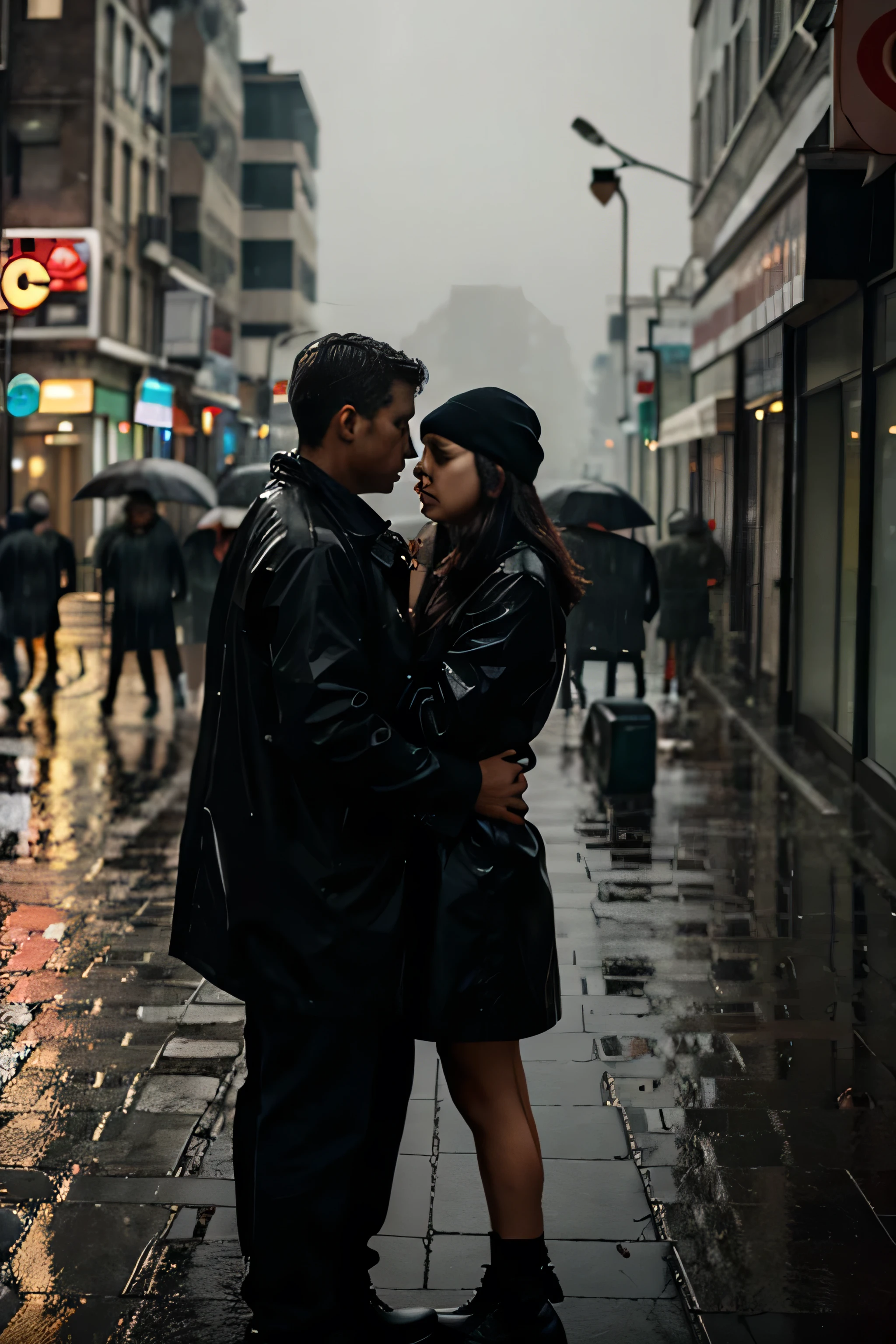 two people under the huge rain, in the background a city, melancholic style