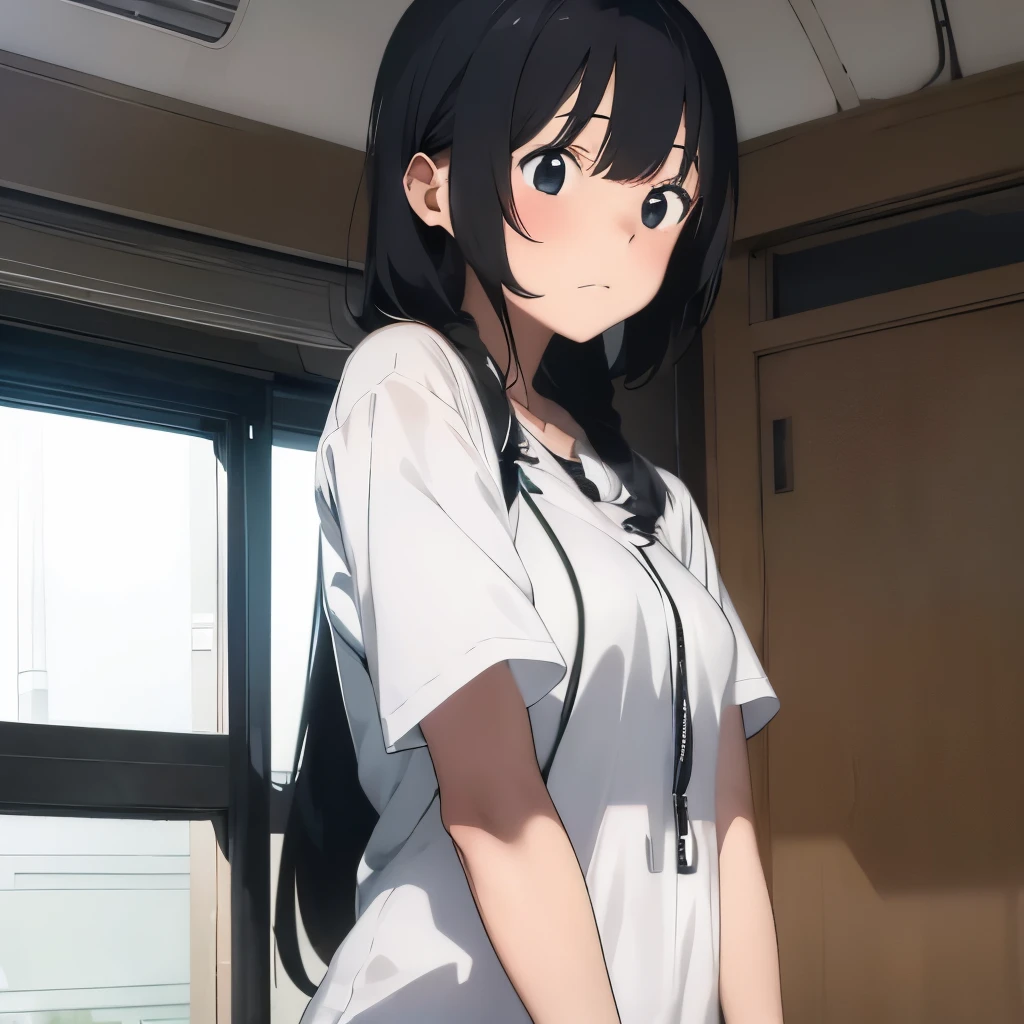 Embarrassing、Embarrassed、Blushing、Black Hair、blunt bangs、White shirt、 hatsune miku,1 girl, 2D CG, Advanced digital anime art, anime character