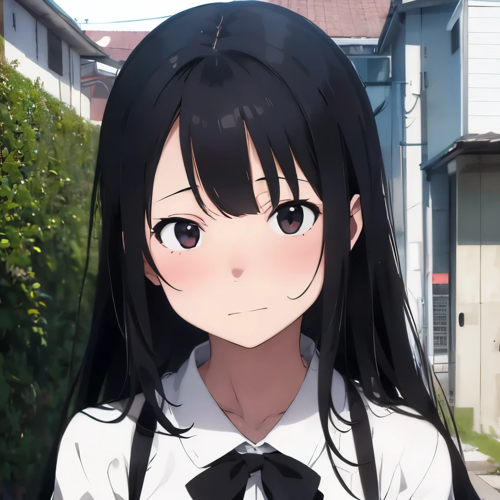 Embarrassing、Embarrassed、Blushing、Black Hair、blunt bangs、White shirt、 hatsune miku,1 girl, 2D CG, Advanced digital anime art, anime character