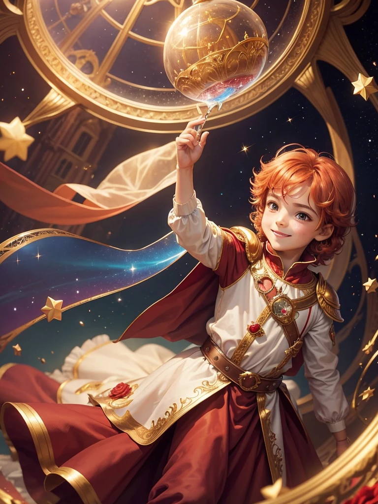 Best picture quality, fairy tale world, young 5 year old boy in prince costume, single red rose, holding glass dome with red rose, happy smile, great smile, very cute boy, amazingly very large round shining eyes, golden hair, desert background, image from the story of the prince of the stars,