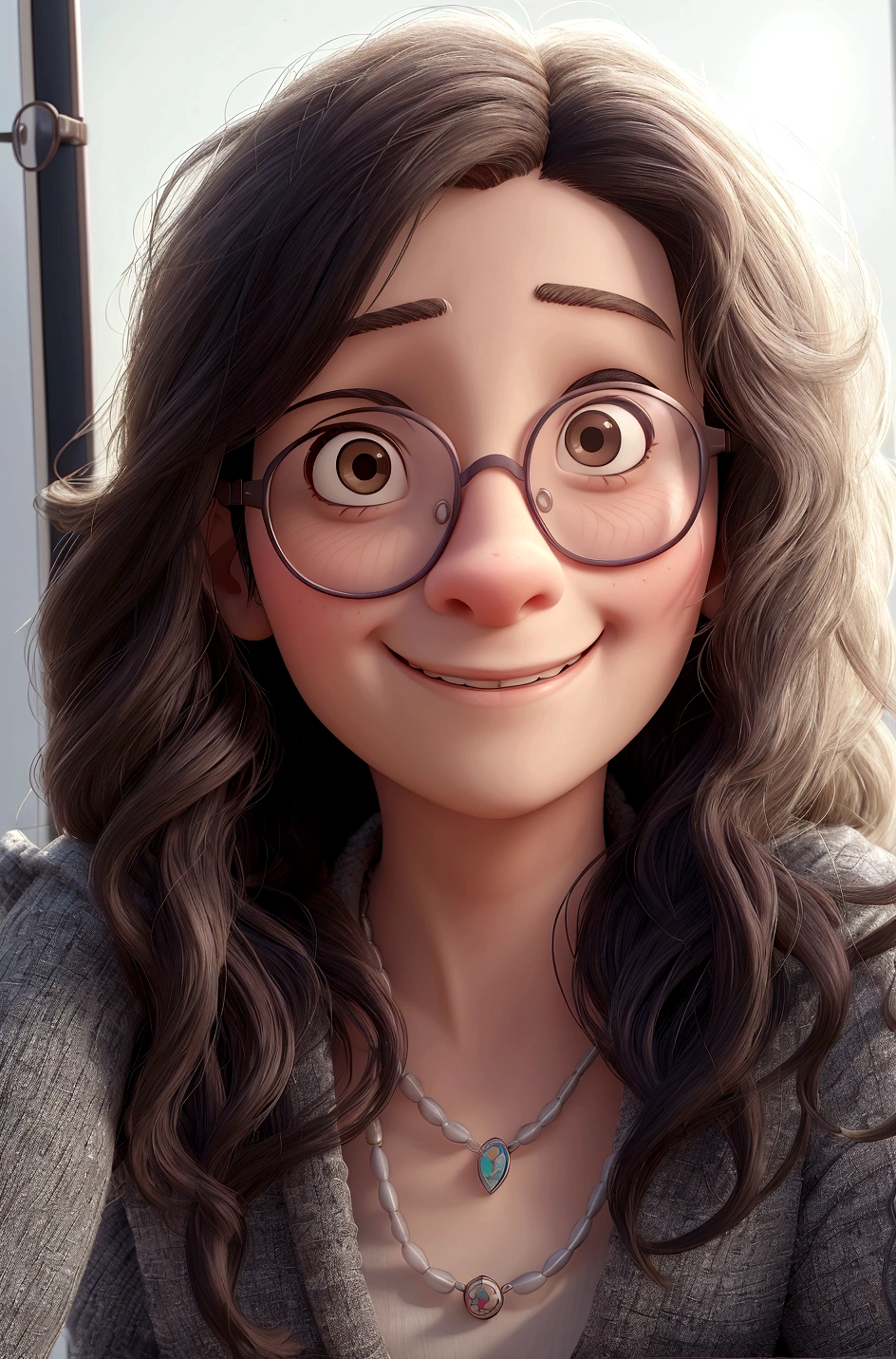 arafed woman with glasses and a necklace smiling at the camera, headshot profile picture, emily rajtkowski, girl wearing round glasses, girl with glasses, slightly smiling, front portrait, taken in the early 2020s, she wears harry potter glasses, headshot of young female furry, looking straight to camera, cute slightly nerdy smile, wearing small round glasses