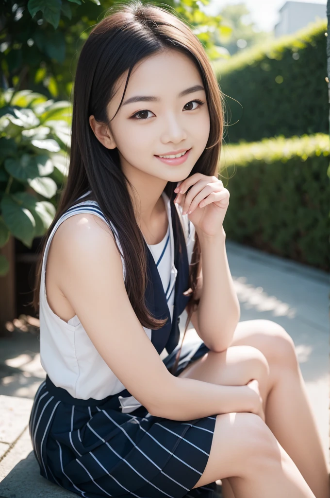 Pure Japanese school girl, sexual attractive, outstanding body, beautiful legs, shiny white skin, wearing loose uniform, panty, natural ponytail, sweet smile, sitting on bench, refreshing in early summer morning, composition from the front,