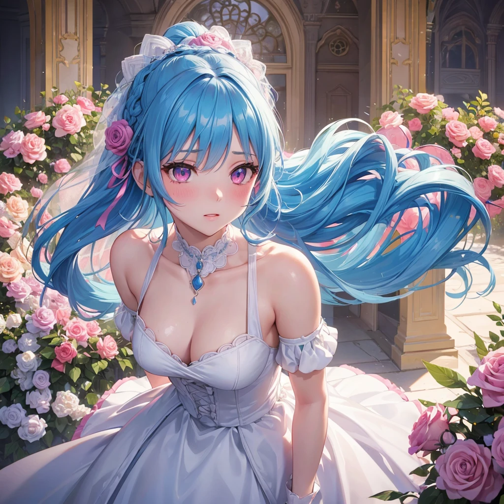 Sky blue hair, (Braided Ponytail),(Pink Eyes),Fair skin ,(whole body),(1 Girl),bride,blush,Straight bangs, 6月のbride,Wedding dress,(masterpiece, Highest quality, Very detailed, Best Shadow), (Detailed Background), (Beautifully detailed face), High Contrast, (Best lighting, Very delicate and beautiful), ((Cinematic Light)), colorful, Hyper Detail, Dramatic Light, Intricate details,Wedding hall,Bouquet of roses