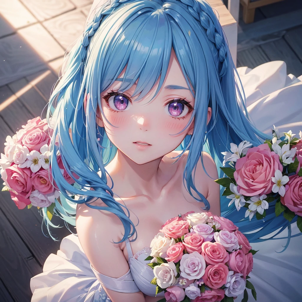 Sky blue hair, (Braided Ponytail),(Pink Eyes),Fair skin ,(whole body),(1 Girl),bride,blush,Straight bangs, 6月のbride,Wedding dress,(masterpiece, Highest quality, Very detailed, Best Shadow), (Detailed Background), (Beautifully detailed face), High Contrast, (Best lighting, Very delicate and beautiful), ((Cinematic Light)), colorful, Hyper Detail, Dramatic Light, Intricate details,Wedding hall,Bouquet of roses