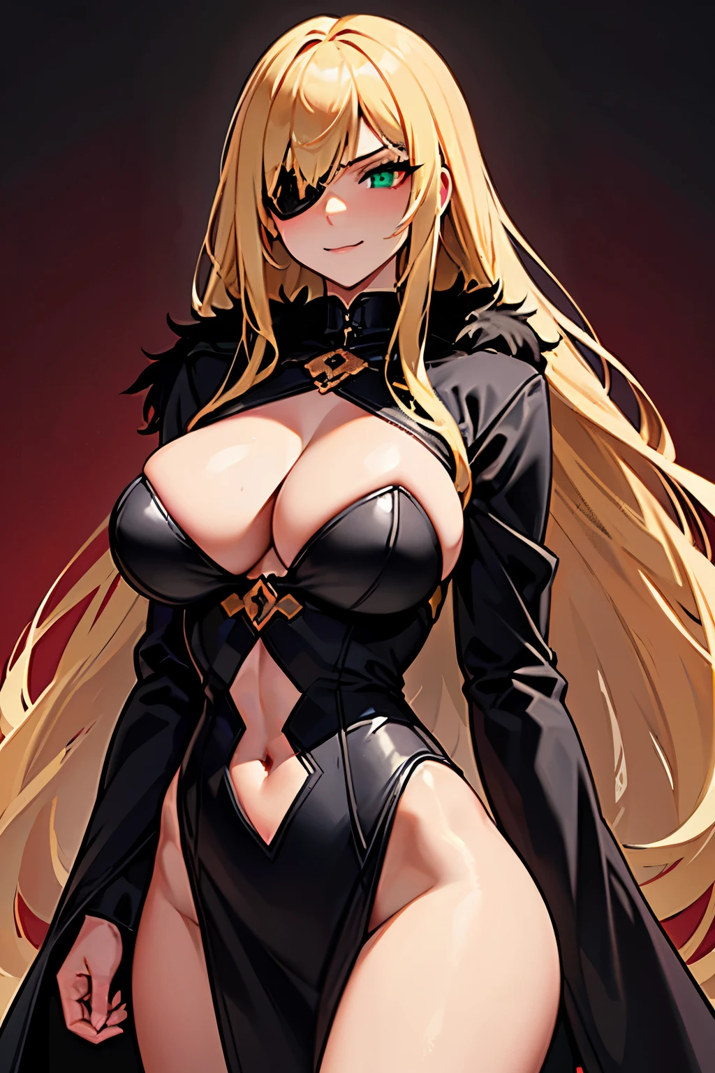 ((masterpiece)), ((best quality)), 1girl, adult, long hair, ((blonde hair)), very long blonde hair, ((intimidant look)), ((close-up)), profile image, green eyes, black and red clothes, sexy, dark colors, brillant eyes, ((coat with fur)), ((wavy hair)), exposed skin, ((sexy pose)), ((intimidant look)), good anatomy, ((dark sage clothes)), ((straight cut bangs)), emotionless, intimidant, ((beautiful eyes)), close up, ((detailed eyes)), beautiful eyes, ((detailed face)), hair bang, frontal look, evil, relaxed, smile, magical goddess othinus, detailed face, eyepatch, full body, ((detailed))