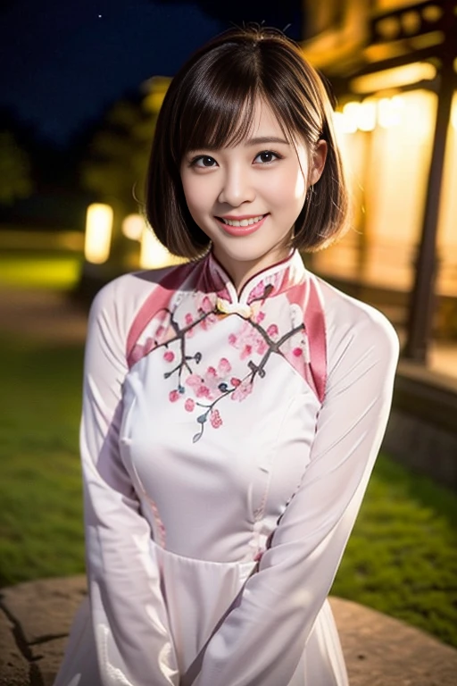 (a gorgeous lady, age 18, Vietnamese traditional dress Ao Dai, posing at Takada Castle Park Cherry Blossom, under night sky, friendly expression, dimpled smile, cute snaggle-tooth, short hair bob cut with bangs, beautiful detailed face, beautiful detailed eyes, ample round bosom, photorealistic, hyper-realism, high contrast, ultra HD, realistic skin textures, top image quality, top-quality, super high resolution, fine details, very meticulously, masterpiece, head to knees, the Cowboy shot, romantic atmosphere, bokeh night background)