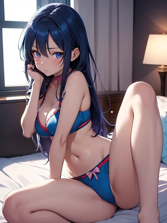 Anime Girl in a blue bikini sitting on a bed, seductive Anime Girl, attractive Anime Girl, beautiful Anime Girl, Smooth anime CG art, photorealistic Anime Girl render, beautiful Anime Girl squatting, Anime Best Girls, Edge, Detailed digital animation art, pretty Anime Girl, cute Anime Girl, Anime visuals of cute girls, Anime Girl, Beautiful seductive anime teen