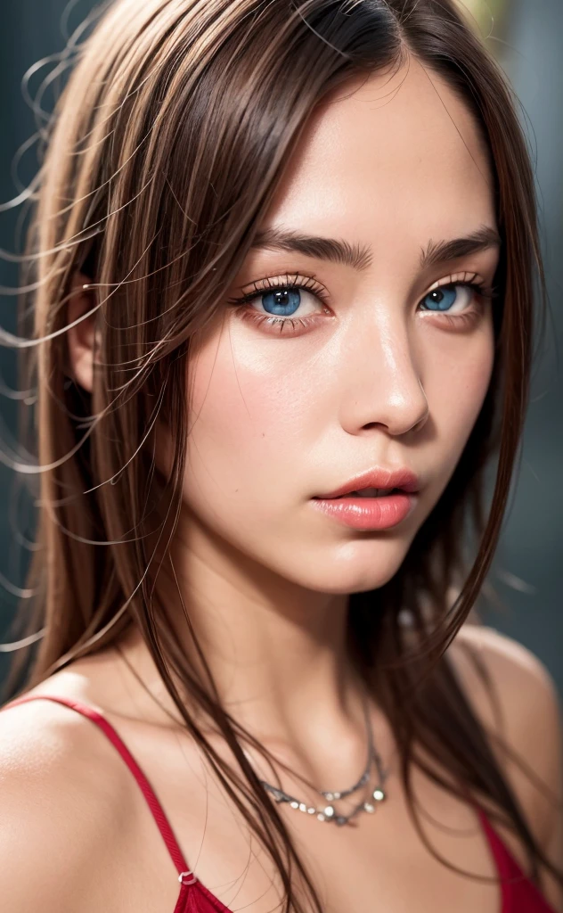 best quality, ultra high res, (photorealistic:1.4), (detailed beautiful girl:1.4), (medium breasts:0.8), looking_at_viewer, Detailed facial details, beautiful detailed eyes,Brown Hair, blue eyes, slender, haunting smile, (makeup:0.3), red lips, highly detailed clothes, (ulzzang-6500-v1.1:0.3)