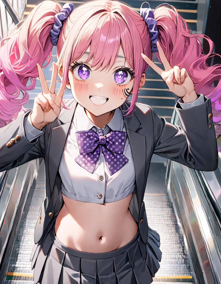 (8K, best quality, master piece: 1.2), super high resolution,1 girl,16yo,solo,1ultra-detailed face,detailed eyes,sparkling pupils,Mascara,Bubblegum Pink hair,natural wave hair,twintails,amethyst Eyes,(scrunchie,blazer,Short pleated skirt),(gray:1.5),navel,polka-dot pattern bow tie,happy,medium breasts,((loose socks)),(making a peace sign),リムライト,standing on a down escalator,Look at Viewer