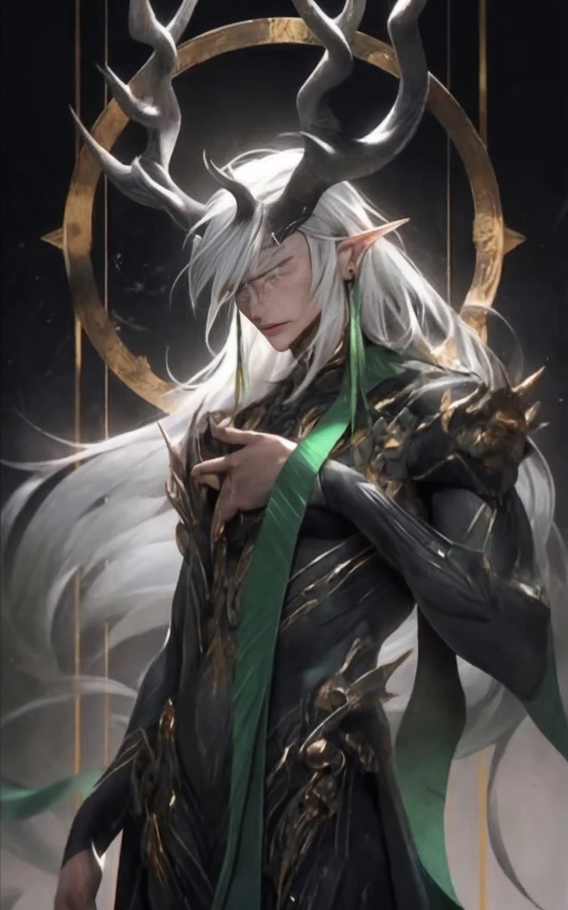 humanoid woman, height two meters and fifteen, gray skin color, long bronze hair color, two large ivory horns, black eye sclera, amber iris color, rust bronze hair color