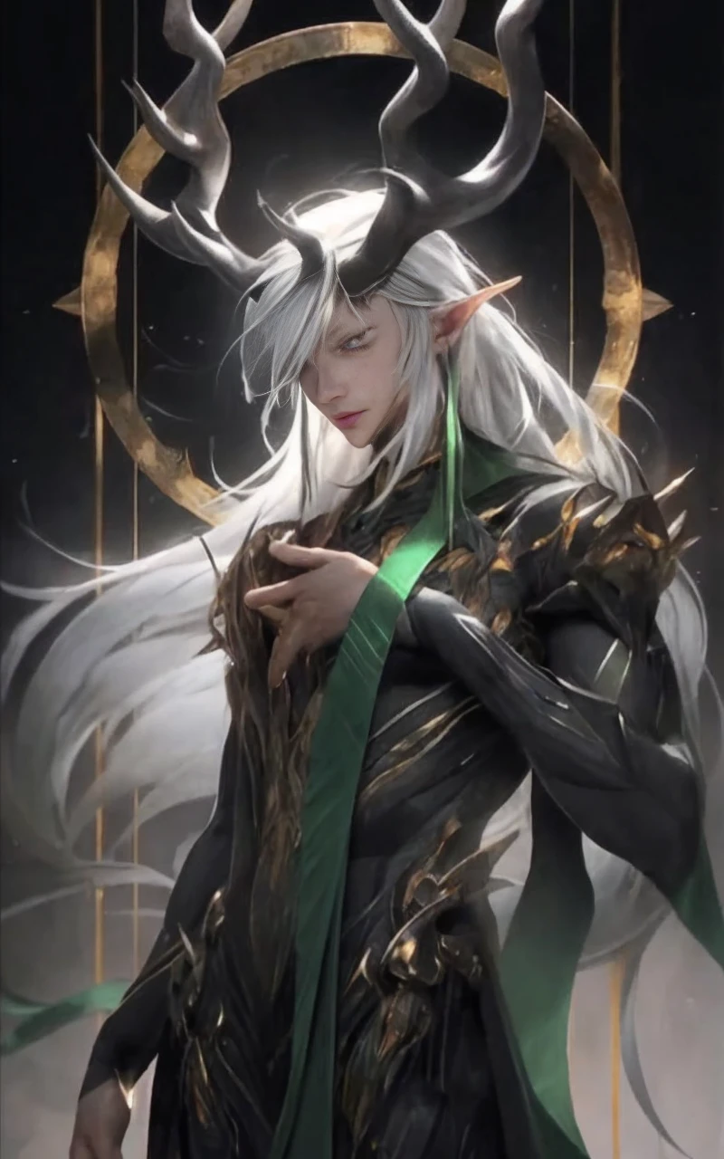 humanoid woman, height two meters and fifteen, gray skin color, long bronze hair color, two large ivory horns, black eye sclera, amber iris color, rust bronze hair color