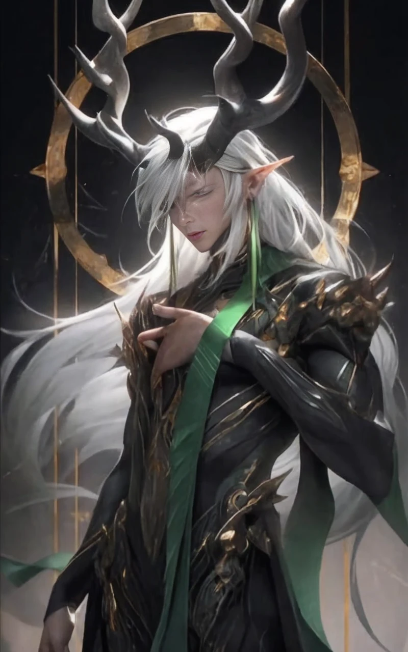 humanoid woman, height two meters and fifteen, gray skin color, long bronze hair color, two large ivory horns, black eye sclera, amber iris color, rust bronze hair color