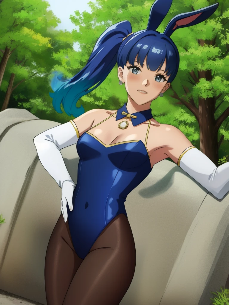 sena, side pony tail, fire hair ,navy blue hair ,1girl, solo, small breasts, ,earrings glossy lips ,looking at viewer, blush, large breasts, nature, pond, trees, park, long white elbow satin gloves, holding, animal ears, cleavage, bare shoulders, jewelry, very l, gentle smile, pantyhose, earrings, rabbit ears,  leotard, fake animal earunny, long white elbow gloves