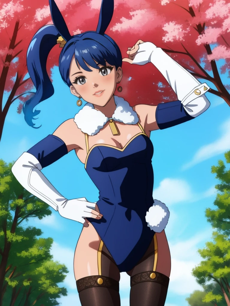 sena, side pony tail, fire hair ,navy blue hair ,1girl, solo, small breasts, ,earrings glossy lips ,looking at viewer, blush, large breasts, nature, pond, trees, park, long white elbow satin gloves, holding, animal ears, cleavage, bare shoulders, jewelry, very l, gentle smile, pantyhose, earrings, rabbit ears,  leotard, fake animal earunny, long white elbow gloves