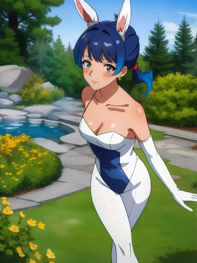 sena, side pony tail, fire hair ,navy blue hair ,1girl, solo, small breasts, ,earrings glossy lips ,looking at viewer, blush, large breasts, nature, pond, trees, park, long white elbow satin gloves, holding, animal ears, cleavage, bare shoulders, jewelry, very l, gentle smile, pantyhose, earrings, fake rabbit ears,  leotard, fake animal ears bunny, long white elbow gloves