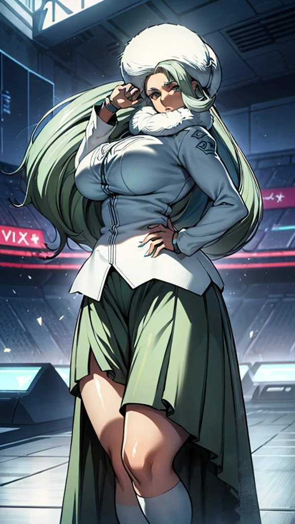 (high detailed)) 27 yo's woman, light cyan hair, Green mini beret, green Pandora's clothes,big And round breasts, gorgeous thicc plump body,angry expression,furious eyes,Green satellizer's outfit,Very long skirt, holding handblade, dynamic pose, action position, perfect anatomy