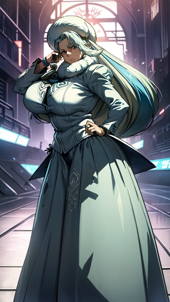 (high detailed)) 27 yo's woman, light cyan hair, Green mini beret, green Pandora's clothes,big And round breasts, gorgeous thicc plump body,angry expression,furious eyes,Green satellizer's outfit,Very long skirt, holding handblade, dynamic pose, action position, perfect anatomy