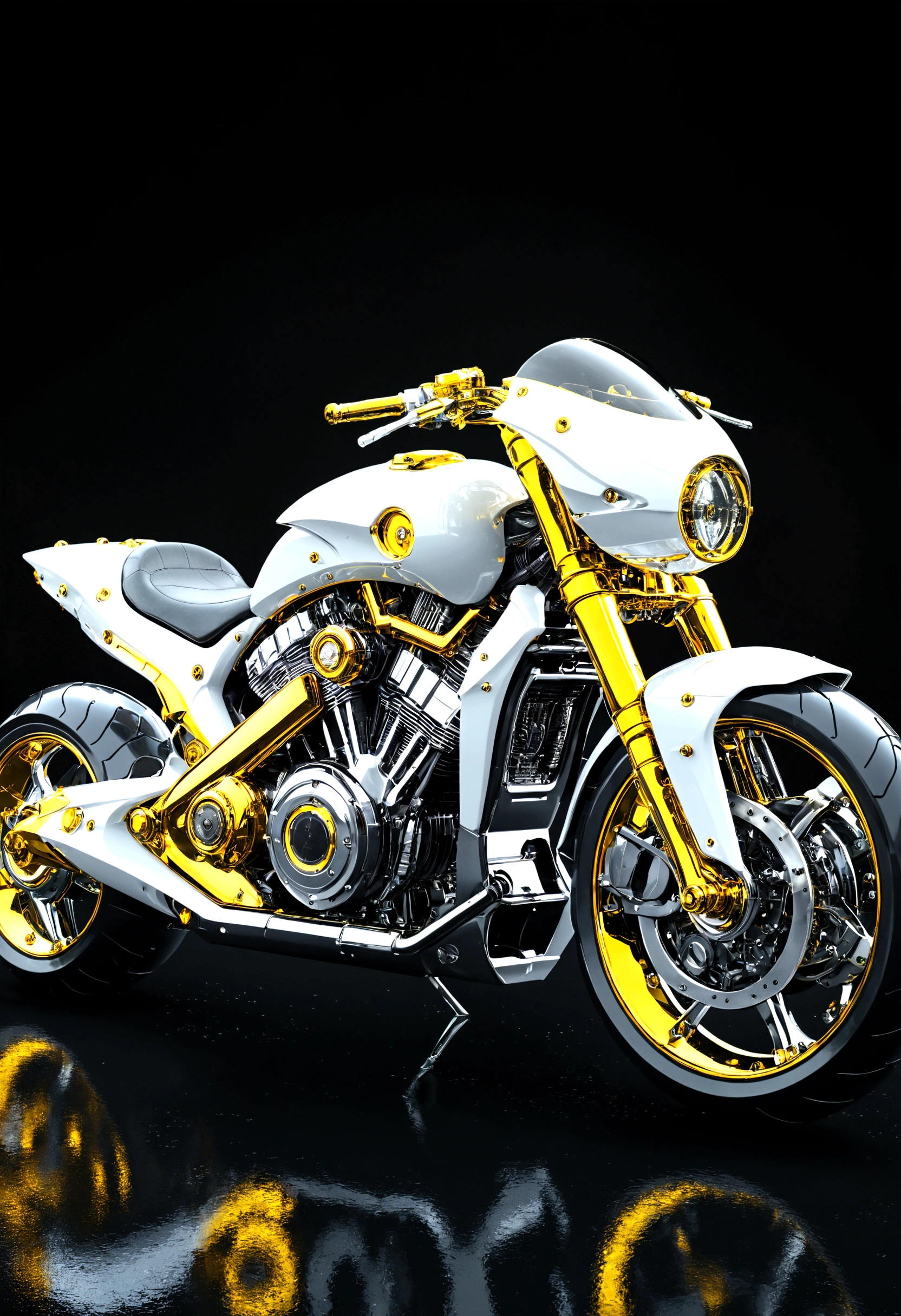 masterpiece, best quality,futuristic white motorcycle, made entirely of glass crystal,scifi, sleek, cutting edge, sports bike, black background, liquid, The steampunk design incorporates symmetrical dieselpunk elements, with shiny metal parts and a unique, otherworldly aesthetic,ultra hd, realistic, vivid yellow colors, highly detailed, UHD drawing, pen and ink, perfect composition, beautiful detailed intricate insanely detailed octane render trending on artstation, 8k artistic photography, photorealistic concept art, soft natural volumetric cinematic perfect light, Guan Yu ides the motorcycle through the streets of a modern city