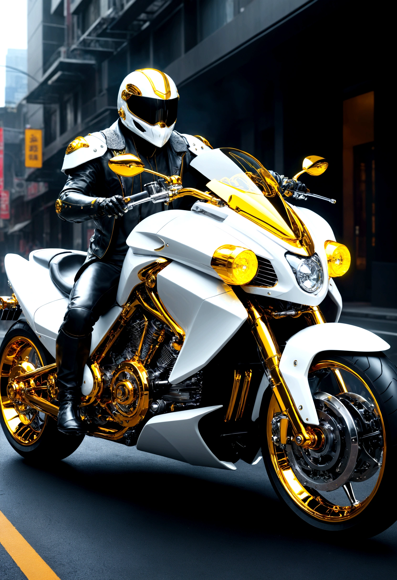 masterpiece, best quality,futuristic white motorcycle, made entirely of glass crystal，scifi, sleek, cutting edge, sports bike, black background, liquid, The steampunk design incorporates symmetrical dieselpunk elements, with shiny metal parts and a unique, otherworldly aesthetic,ultra hd, realistic, vivid yellow colors, highly detailed, UHD drawing, pen and ink, perfect composition, beautiful detailed intricate insanely detailed octane render trending on artstation, 8k artistic photography, photorealistic concept art, soft natural volumetric cinematic perfect light, Guan Yu ides the motorcycle through the streets of a modern city