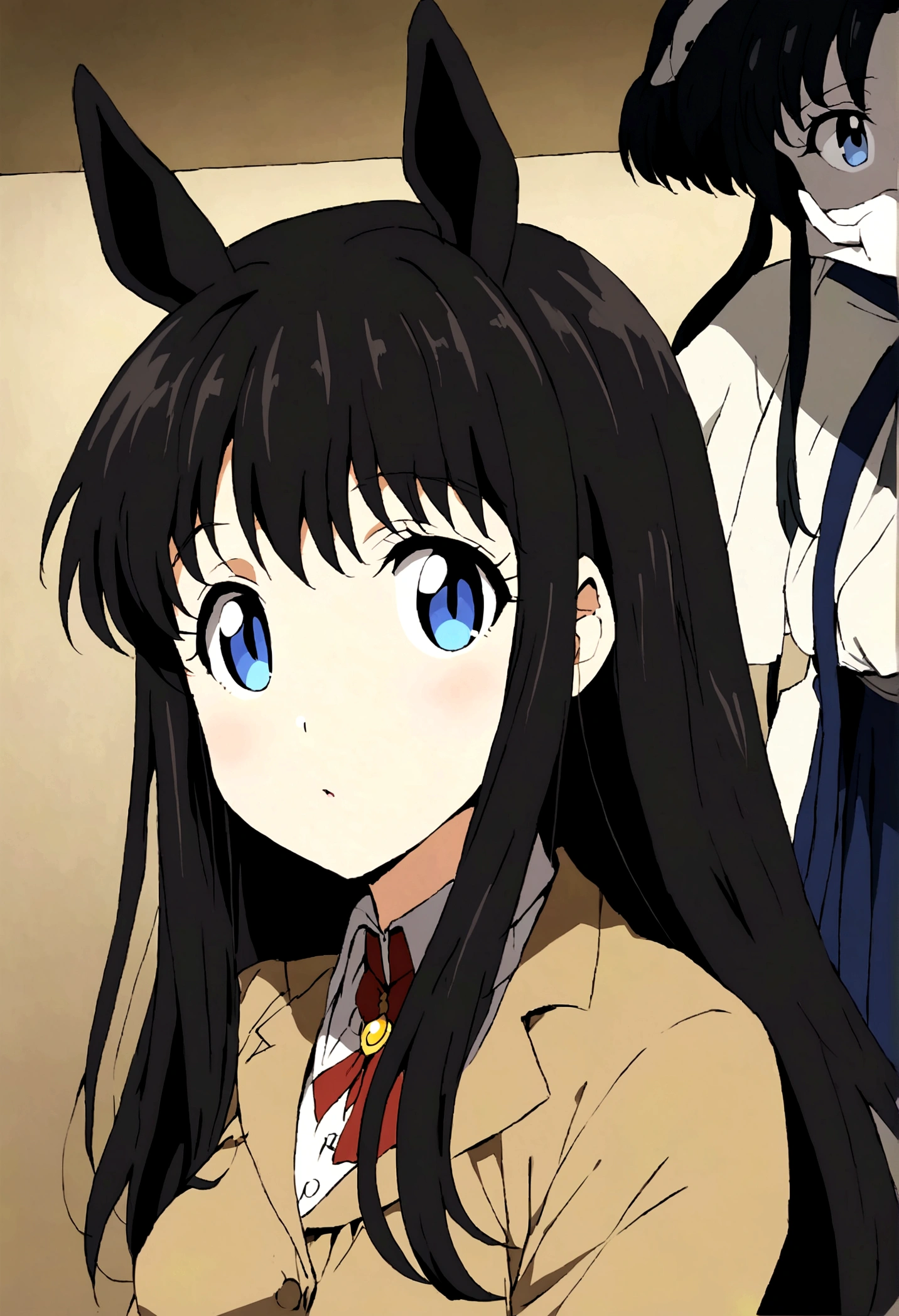 Anime girl with long black hair and blue eyes, Anime Moe Art Style, Gothic maiden anime girl, Gap Moe Yandere Grim Dark, trench coat　 Ghostly eyes and dark hair, 1 7 - Year Old Anime Girl, ufotable&#39;s art style, by Hitoshi Homura, Fate-like anime style/Stay Night, Long Hair Anime Girl　Light blue eyes　Horse ears　Horse Girl　One girl　Single
