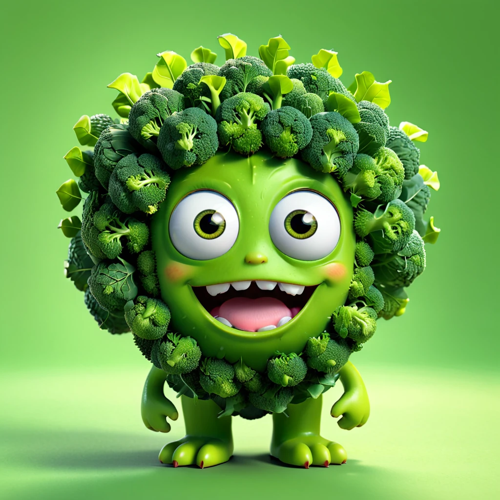 ブロッコリー
A cute broccoli monster with big eyes and a fluffy green head, looking happy. The cartoon character is designed in the style of Pixar animation studio, created using C4D software. It has an adorable green color scheme and showcases a playful expression. --ar 1:1 --v 6.0 3D render