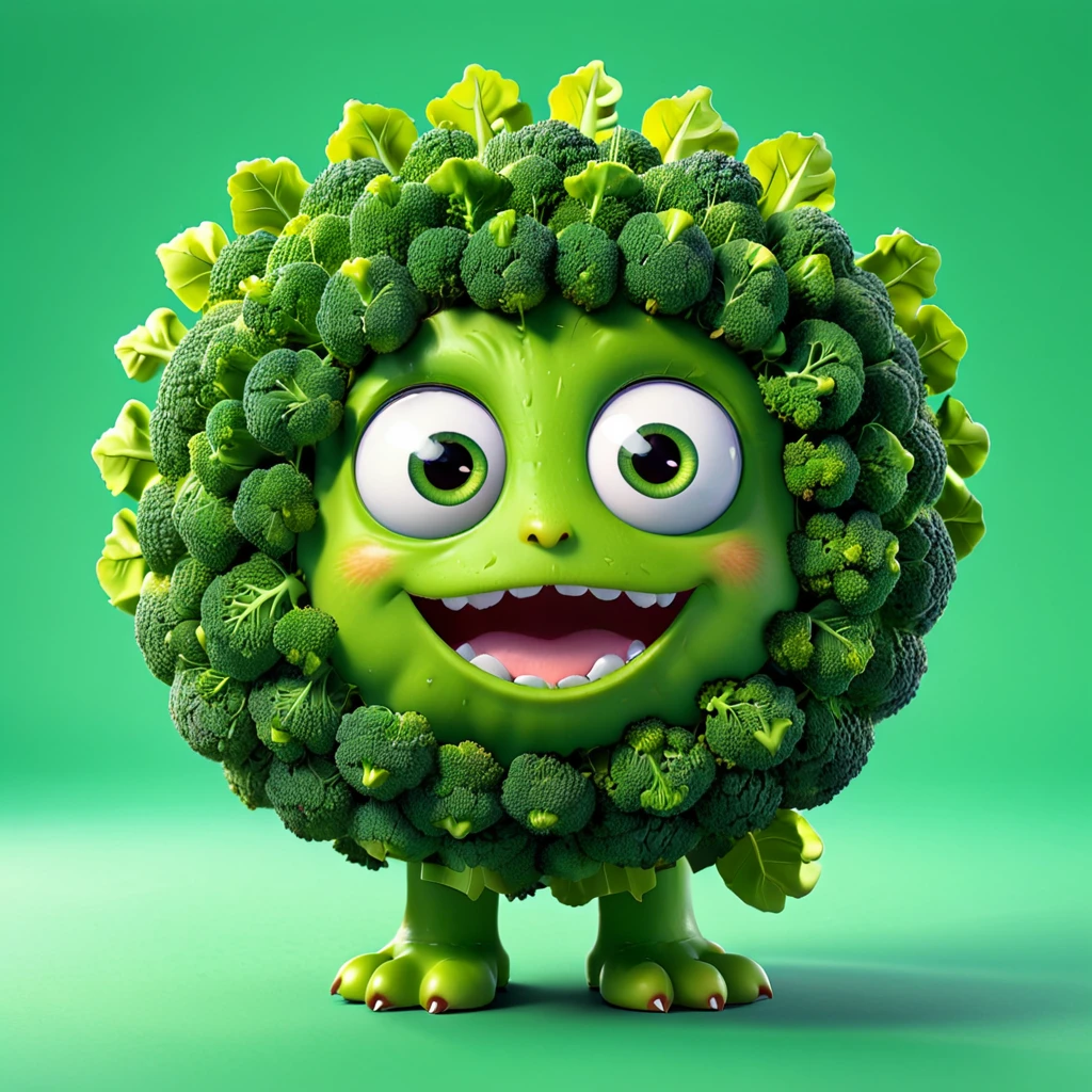 ブロッコリー
A cute broccoli monster with big eyes and a fluffy green head, looking happy. The cartoon character is designed in the style of Pixar animation studio, created using C4D software. It has an adorable green color scheme and showcases a playful expression. --ar 1:1 --v 6.0 3D render