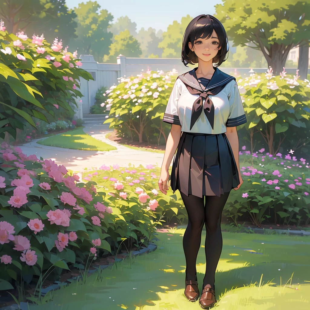 (Highest quality, High resolution, Super detailed, Realistic:1.37), Peaceful atmosphere, (Outdoor, garden), Teenage girl standing alone,(my breasts are big.),Beautifully detailed features, Cute Smile, ((Black bob hair)),Short-sleeved sailor uniform, Pleated skirt,Black tights,Brown leather shoes.