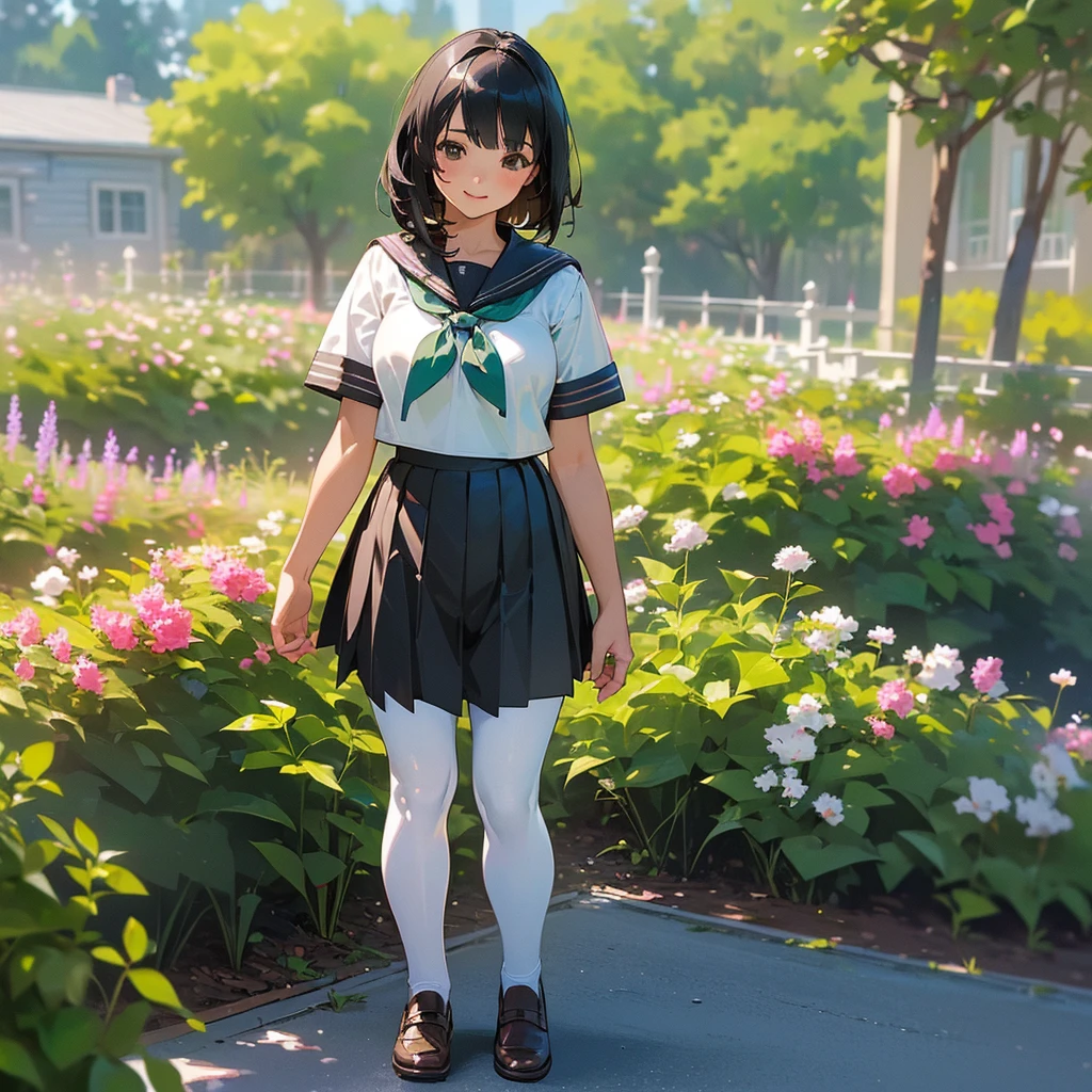 (Highest quality, High resolution, Super detailed, Realistic:1.37), Peaceful atmosphere, (Outdoor, garden), Teenage girl standing alone,(my breasts are big.),Beautifully detailed features, Cute Smile, ((Black bob hair)),Short-sleeved sailor uniform, Pleated skirt,Black tights,Brown leather shoes.