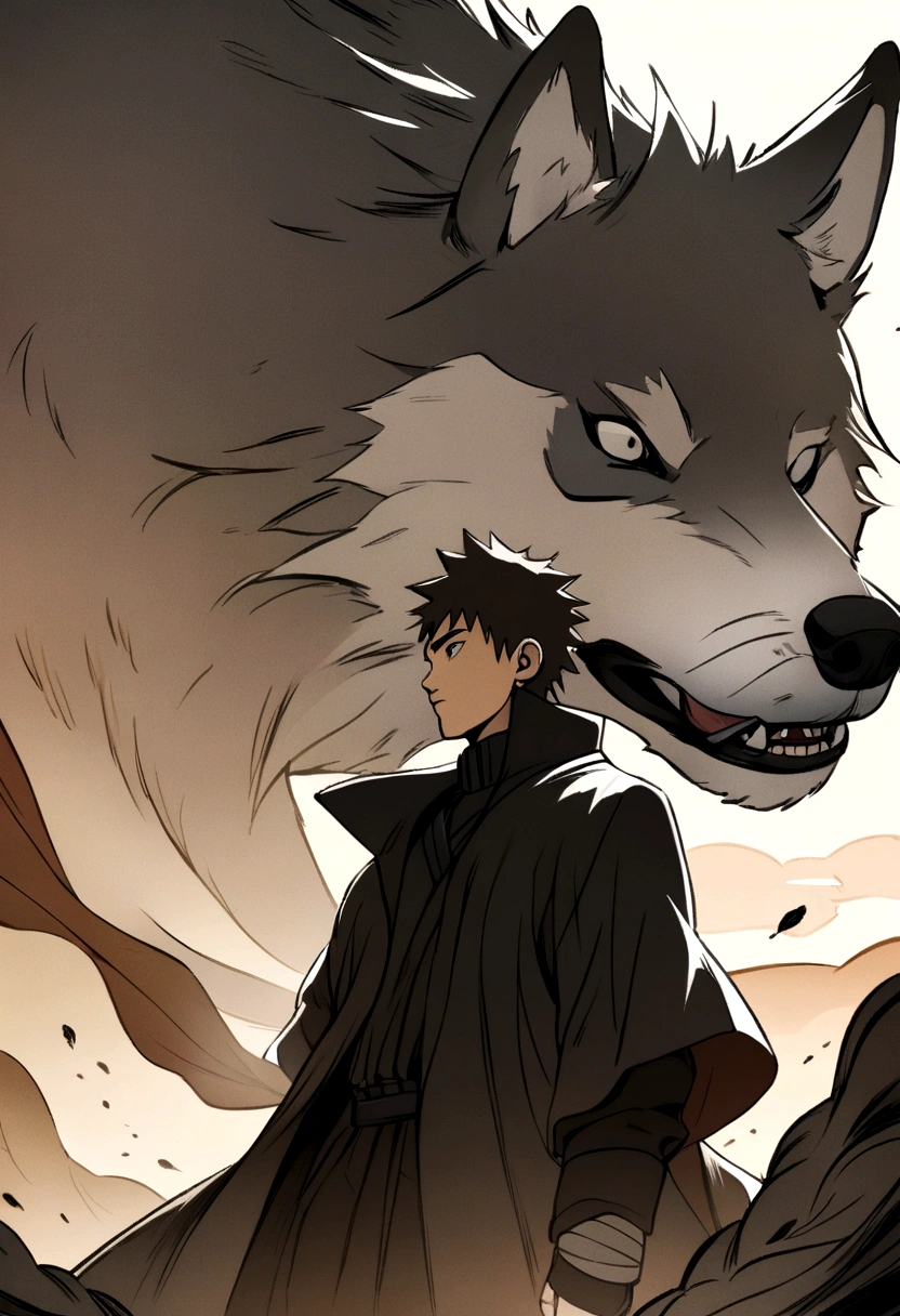 Brown wavy short hair boy, wearing black overcoat, with a wolf, naruto art style