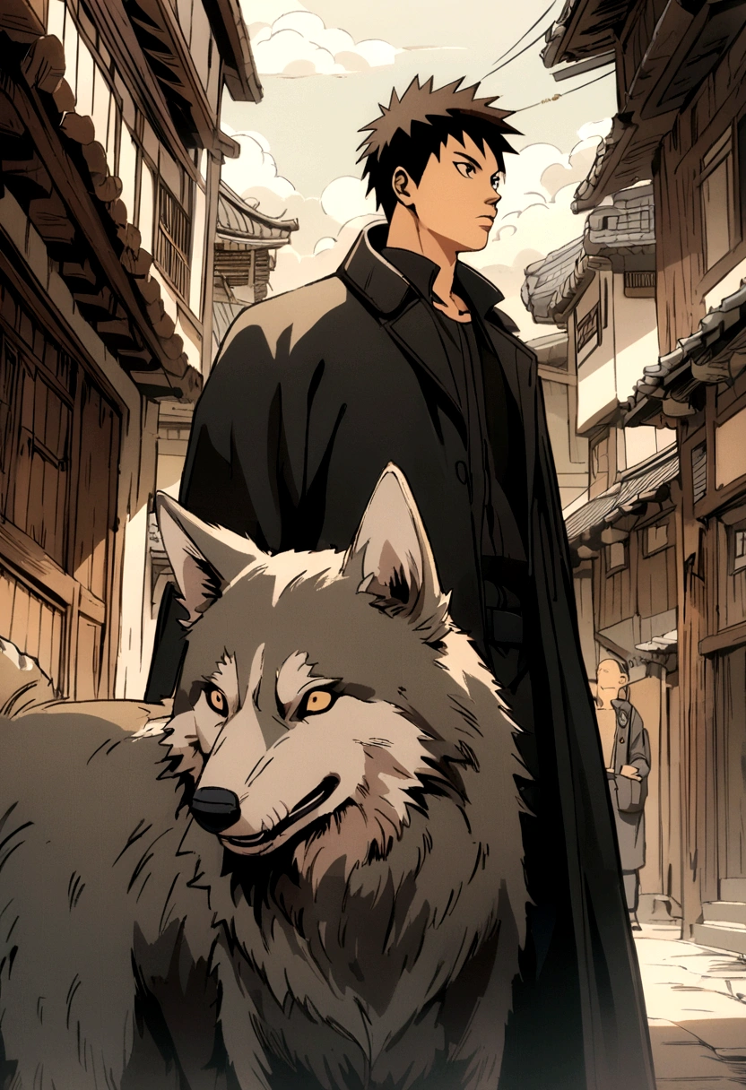 Brown wavy short hair boy, wearing black overcoat, with a wolf, naruto art style