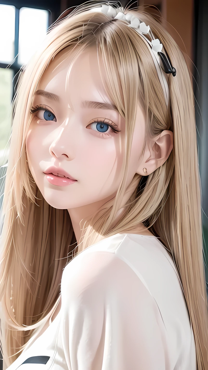 Super long straight silky blonde hair、Bangs hanging over the eyes、bangs on the face、A woman with beautiful, bright, large blue eyes is taking a photo, gorgeous young beautiful model, Portrait of Sophie Mudd, Beautiful female model, cute young beautiful girl, Portrait of a beautiful model, Beautiful Woman Photos, Perfect Face, beautiful girl model, Beautiful young face, Blonde beautiful girl、Small Face Beauty、Round face、Tshirt、Ample Bust