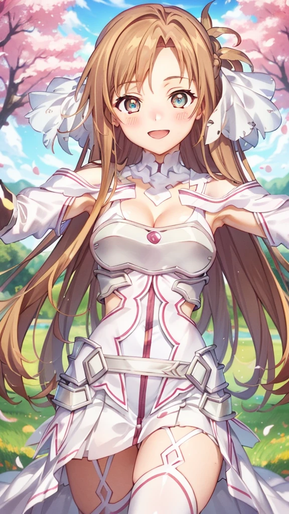 {{{masterpiece}}}, {{{best quality}}}, {{ultra-detailed}}, {illustration}, {{an extremely delicate and beautiful}}, (beautiful detailed eyes:1.6), extremely detailed face, 8k, anime face, asuna (Goddess of Creation Stacia), stacia, staciansfw, cute face, Long hair, Bangs ,Detailed eyes, orange hair, brown eyes, very long hair, medium breasts, thin waist, big hips, curvaceous, Orange leotard, gloves, white dress, (cleavage:1.0), bare shoulders, white gloves, (chest open:1.0), armor, white thighs, white thighhighs, garter straps, white armor, thighs, zettai ryouiki, BREAK, INCOMING HUG, INCOMING KISS, blush, sorriso alegre, open mouth, visual anime de uma jovem mulher, extremamente bonito rosto de anime, anime melhor garota, sorriso astuto, outdoor, sky, daytime, forest, field