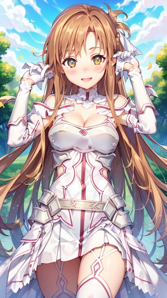 {{{masterpiece}}}, {{{best quality}}}, {{ultra-detailed}}, {illustration}, {{an extremely delicate and beautiful}}, (beautiful detailed eyes:1.6), extremely detailed face, 8k, anime face, asuna (Goddess of Creation Stacia), stacia, staciansfw, cute face, Long hair, Bangs ,Detailed eyes, orange hair, brown eyes, very long hair, medium breasts, thin waist, big hips, curvaceous, Orange leotard, gloves, white dress, (cleavage:1.0), bare shoulders, white gloves, (chest open:1.0), armor, white thighs, white thighhighs, garter straps, white armor, thighs, zettai ryouiki, BREAK, INCOMING HUG, INCOMING KISS, blush, sorriso alegre, open mouth, visual anime de uma jovem mulher, extremamente bonito rosto de anime, anime melhor garota, sorriso astuto, outdoor, sky, daytime, forest, field