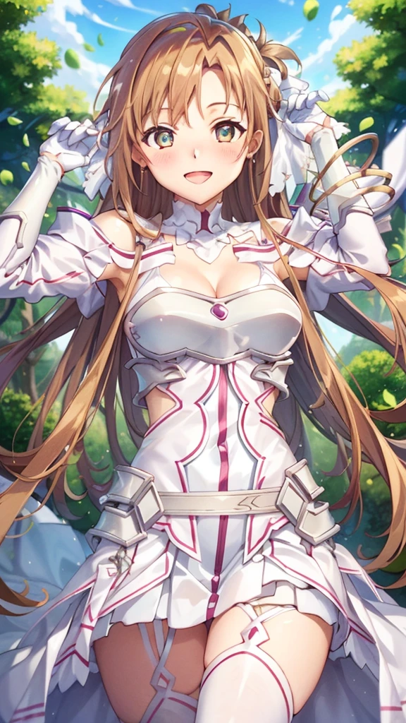 {{{masterpiece}}}, {{{best quality}}}, {{ultra-detailed}}, {illustration}, {{an extremely delicate and beautiful}}, (beautiful detailed eyes:1.6), extremely detailed face, 8k, anime face, asuna (Goddess of Creation Stacia), stacia, staciansfw, cute face, Long hair, Bangs ,Detailed eyes, orange hair, brown eyes, very long hair, medium breasts, thin waist, big hips, curvaceous, Orange leotard, gloves, white dress, (cleavage:1.0), bare shoulders, white gloves, (chest open:1.0), armor, white thighs, white thighhighs, garter straps, white armor, thighs, zettai ryouiki, BREAK, INCOMING HUG, INCOMING KISS, blush, sorriso alegre, open mouth, visual anime de uma jovem mulher, extremamente bonito rosto de anime, anime melhor garota, sorriso astuto, outdoor, sky, daytime, forest, field
