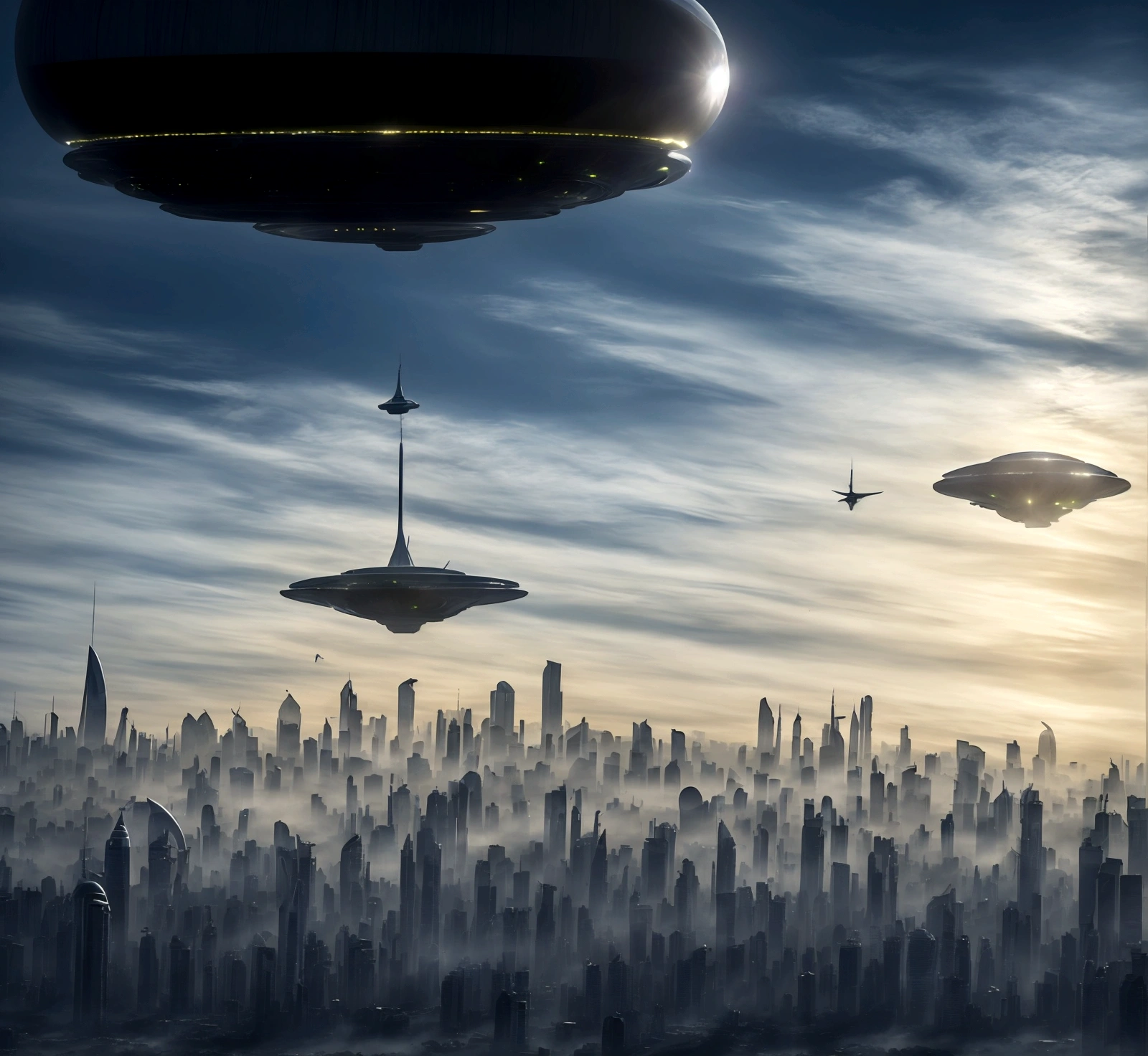 Science fiction scene: Aliens ((very similar to humans)) arriving on planet Earth. In the sky, a gigantic mothership ((1km long, 100 meters high and 300 meters wide, looking like a big luxury yacht)) surrounded by smaller spacecraft, flying over the city of São Paulo, brazil