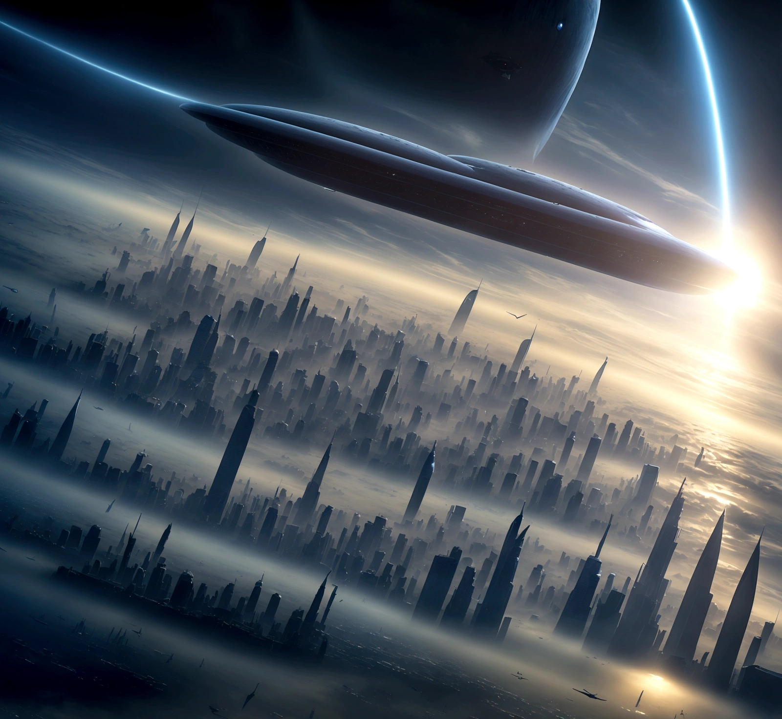 Science fiction scene: Aliens ((very similar to humans)) arriving on planet Earth. In the sky, a gigantic mothership ((1km long, 100 meters high and 300 meters wide, looking like a big luxury yacht)) surrounded by smaller spacecraft, flying over the city of São Paulo, brazil