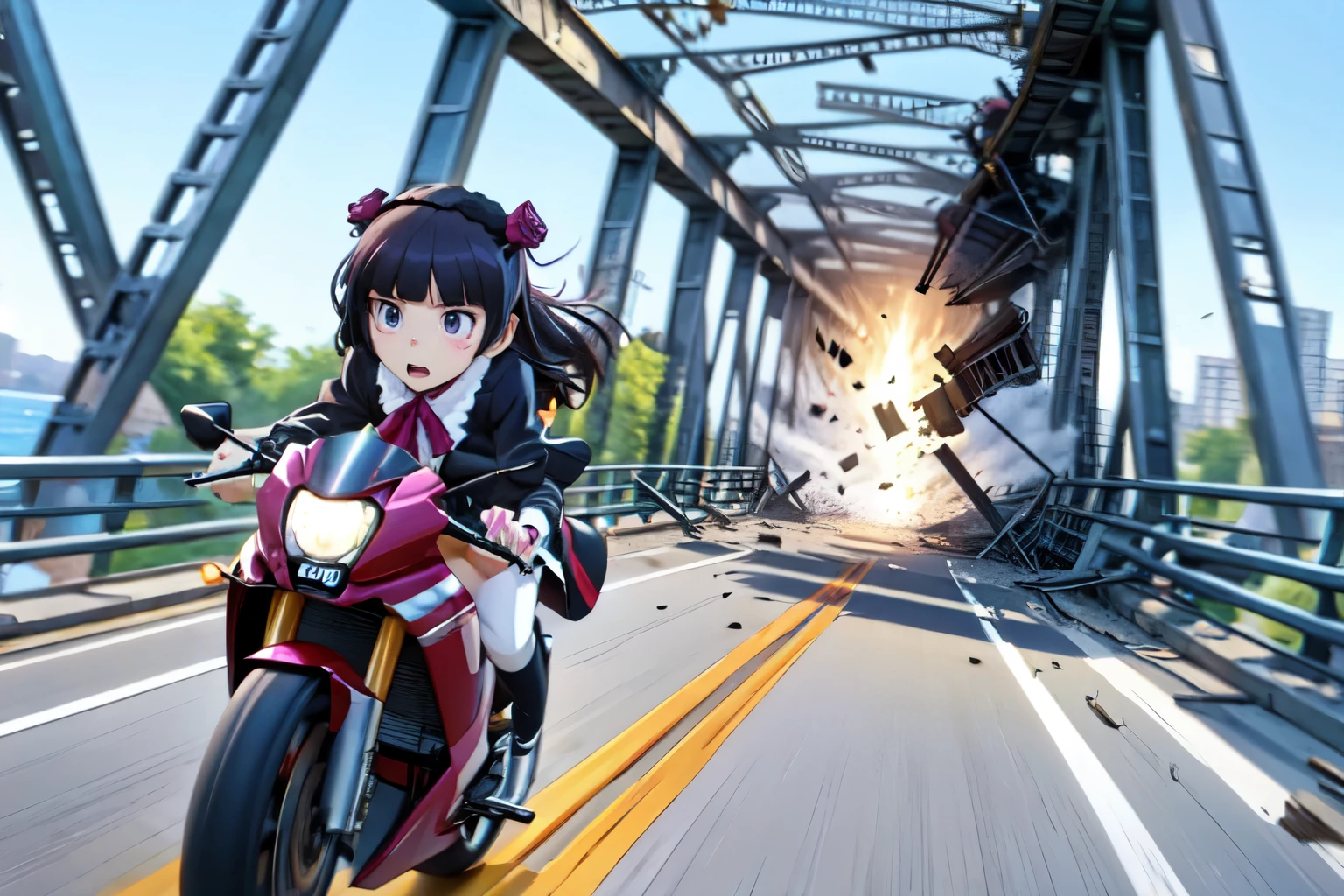  (ruri gokou), 1 girl, alone, girl, Hime cut, Gothic Lolita, Lolita Fashion, head band, 
BREAK
fleeingBridge,fleeing on bridge,cracked floor,bridge,breaking,crack,debris,destruction,fleeing,motion lines,motion blur,speed lines,riding,riding on motorcycle,