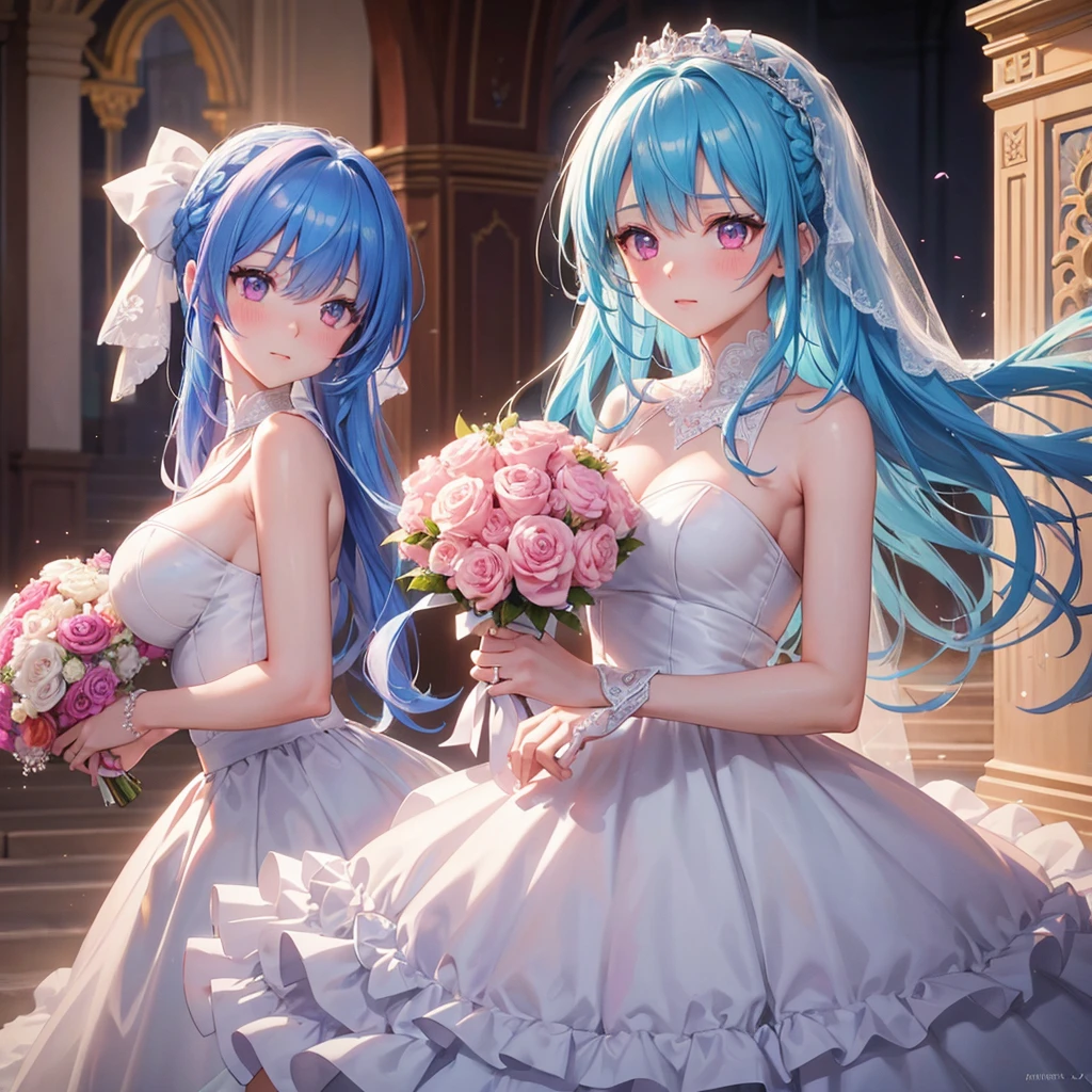 Sky blue hair, (Braided Ponytail),(Pink Eyes),Fair skin ,(whole body),(1 Girl),bride,blush,Straight bangs, 6月のbride,Wedding dress,(masterpiece, Highest quality, Very detailed, Best Shadow), (Detailed Background), (Beautifully detailed face), High Contrast, (Best lighting, Very delicate and beautiful), ((Cinematic Light)), colorful, Hyper Detail, Dramatic Light, Intricate details,Wedding hall,Bouquet of roses