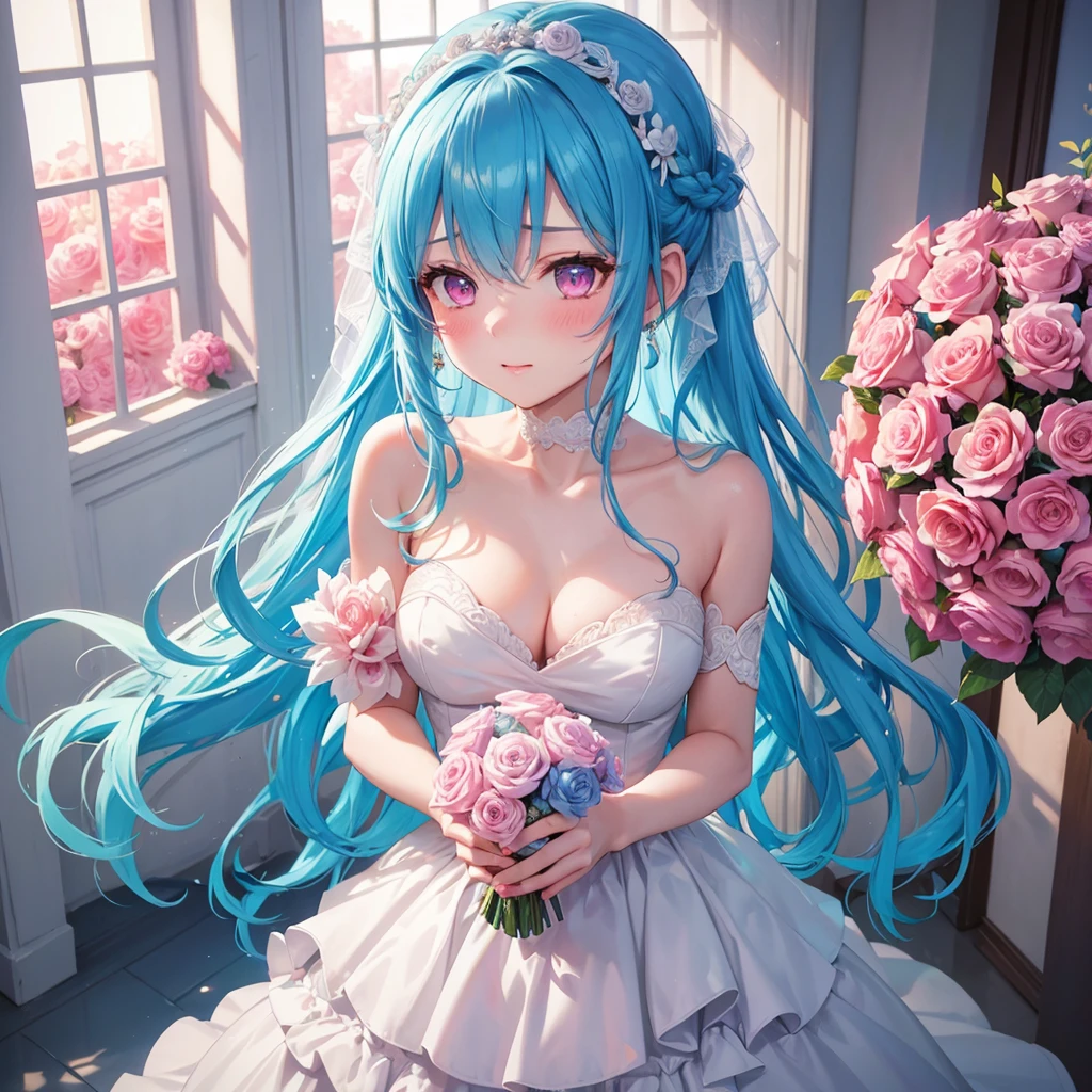 Sky blue hair, (Braided Ponytail),(Pink Eyes),Fair skin ,(whole body),(1 Girl),bride,blush,Straight bangs, 6月のbride,Wedding dress,(masterpiece, Highest quality, Very detailed, Best Shadow), (Detailed Background), (Beautifully detailed face), High Contrast, (Best lighting, Very delicate and beautiful), ((Cinematic Light)), colorful, Hyper Detail, Dramatic Light, Intricate details,Wedding hall,Bouquet of roses