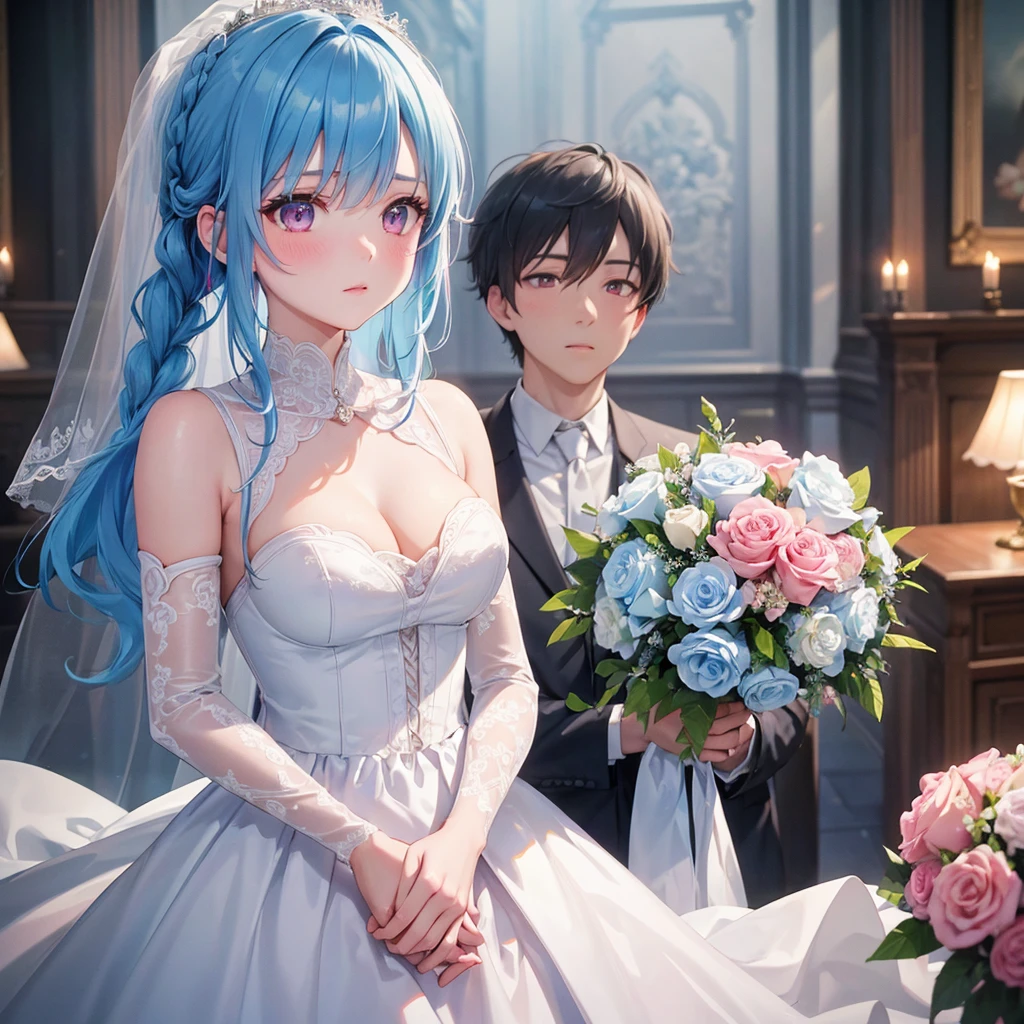 Sky blue hair, (Braided Ponytail),(Pink Eyes),Fair skin ,(whole body),(1 Girl),bride,blush,Straight bangs, 6月のbride,Wedding dress,(masterpiece, Highest quality, Very detailed, Best Shadow), (Detailed Background), (Beautifully detailed face), High Contrast, (Best lighting, Very delicate and beautiful), ((Cinematic Light)), colorful, Hyper Detail, Dramatic Light, Intricate details,Wedding hall,Bouquet of roses